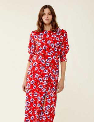 Finery London Womens Floral Round Neck Midi Tea Dress - 20 - Red Mix, Red Mix