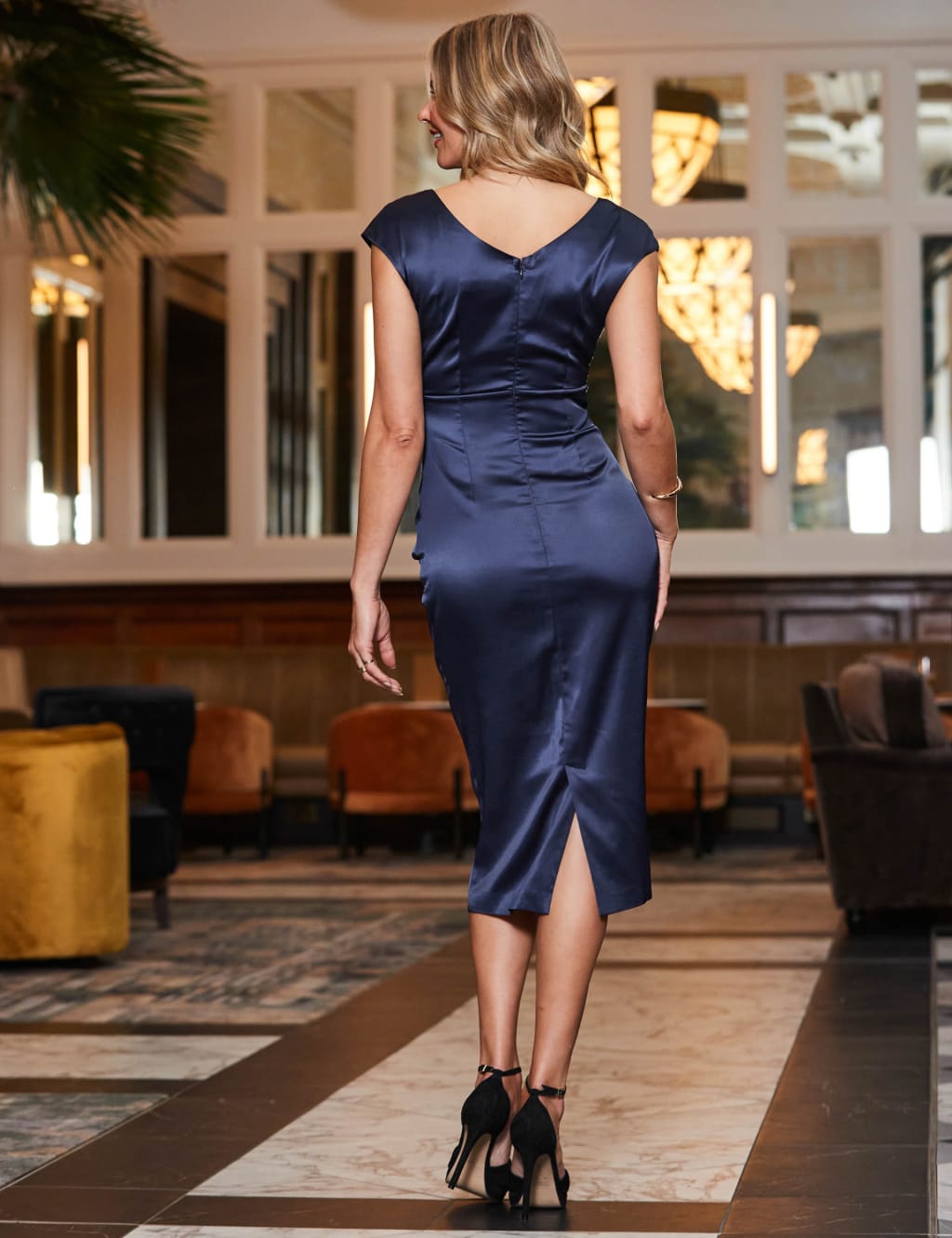 Satin V-Neck Ruched Midi Bodycon Dress image 4
