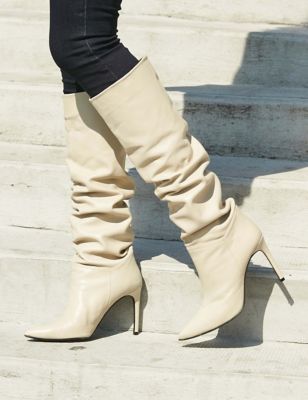 Sosandar Women's Leather Stiletto Heel Knee High Boots - 4 - Cream, Cream