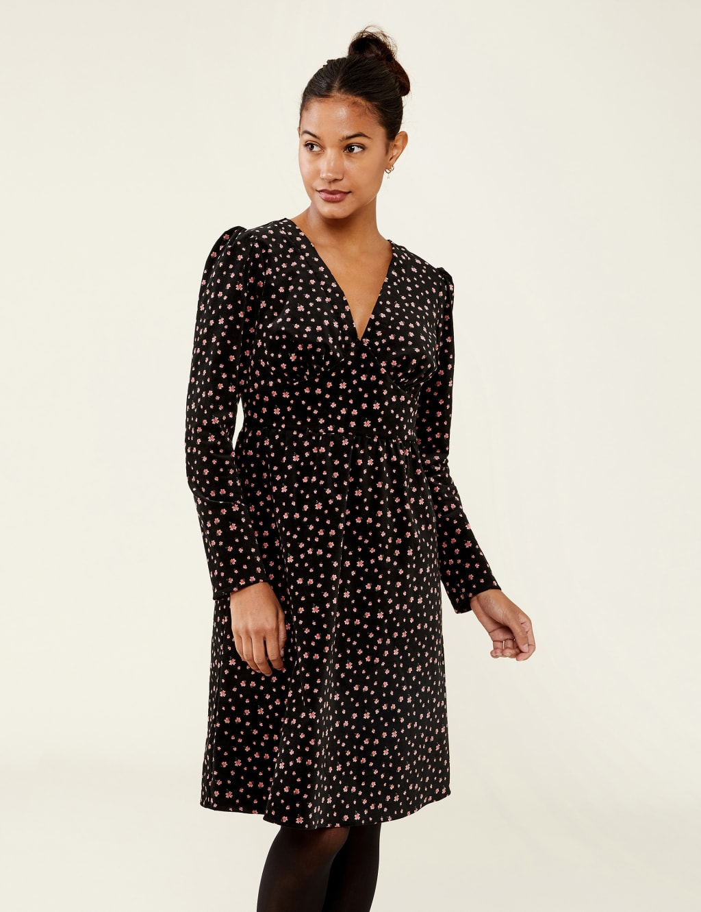 Cotton Rich Floral V-Neck Waisted Dress image 1
