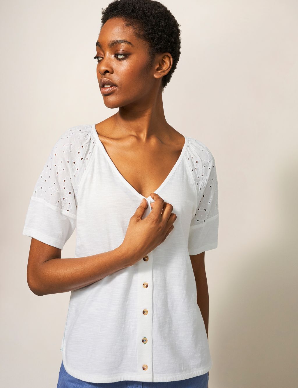 Pure Cotton Broderie V-Neck Blouse image 1
