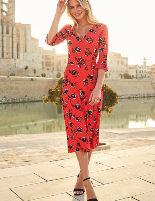 M&S Sosandar Womens Jersey Floral V-Neck Midaxi Wrap Dress