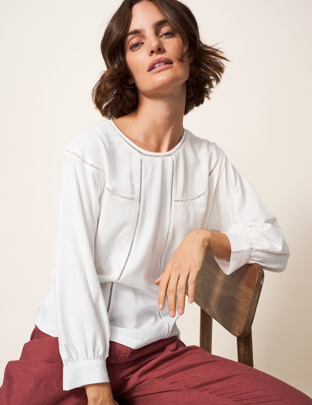 Cotton Rich Crew Neck Cutwork Detail Blouse image 2