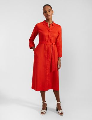 Hobbs Women's Pure Linen Belted Midi Shirt Dress - 8 - Red, Red