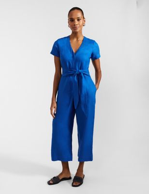 Hobbs Womens Linen Rich Cropped Jumpsuit - 16 - Blue, Blue