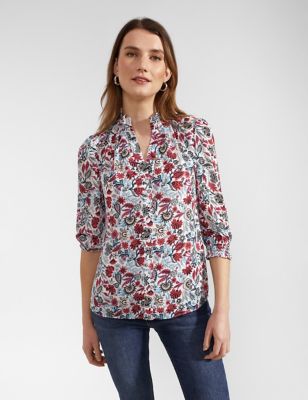 Hobbs Womens Floral High Neck Button Through Blouse - 16 - Ivory Mix, Ivory Mix