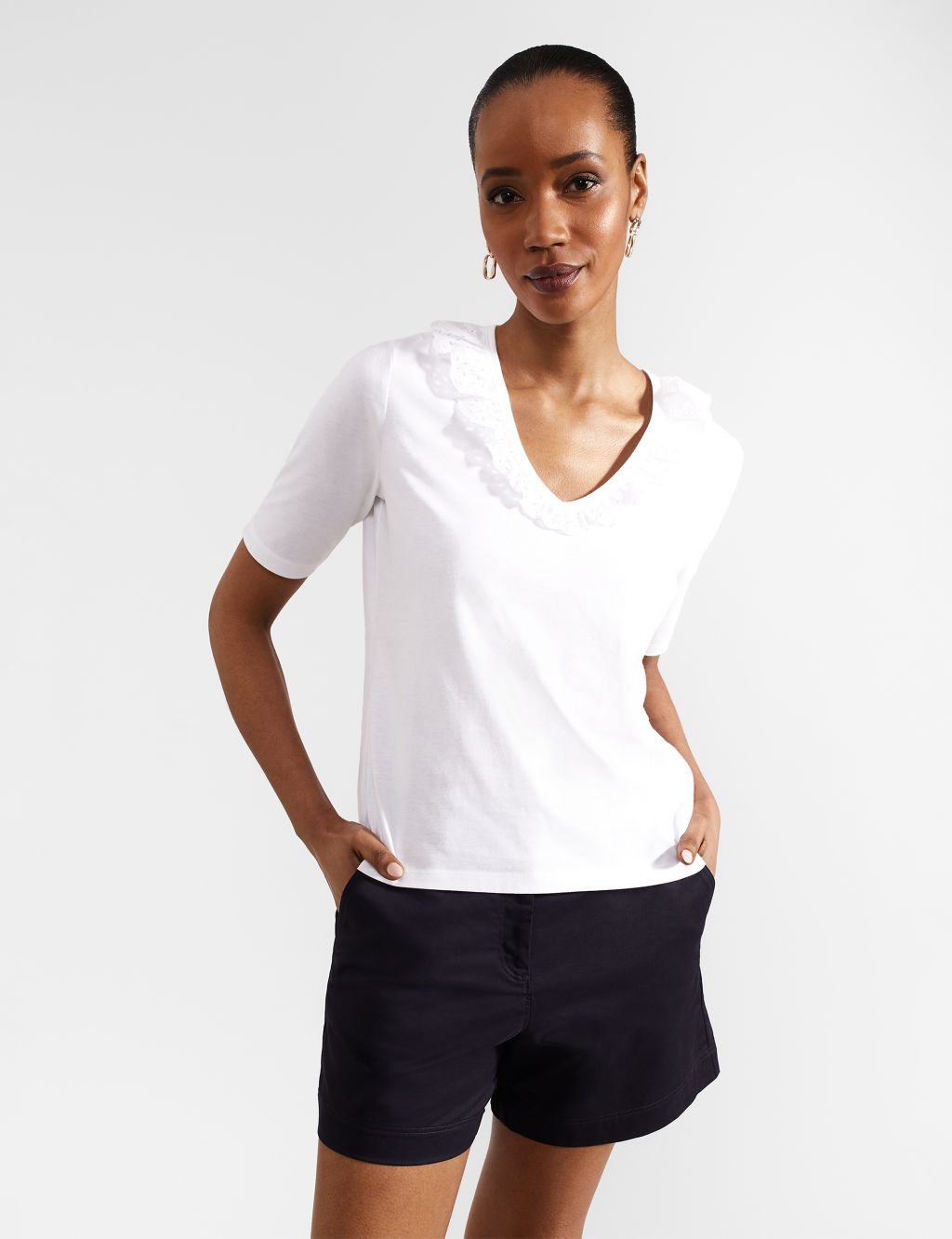 Pure Cotton V-Neck Frill Detail Top