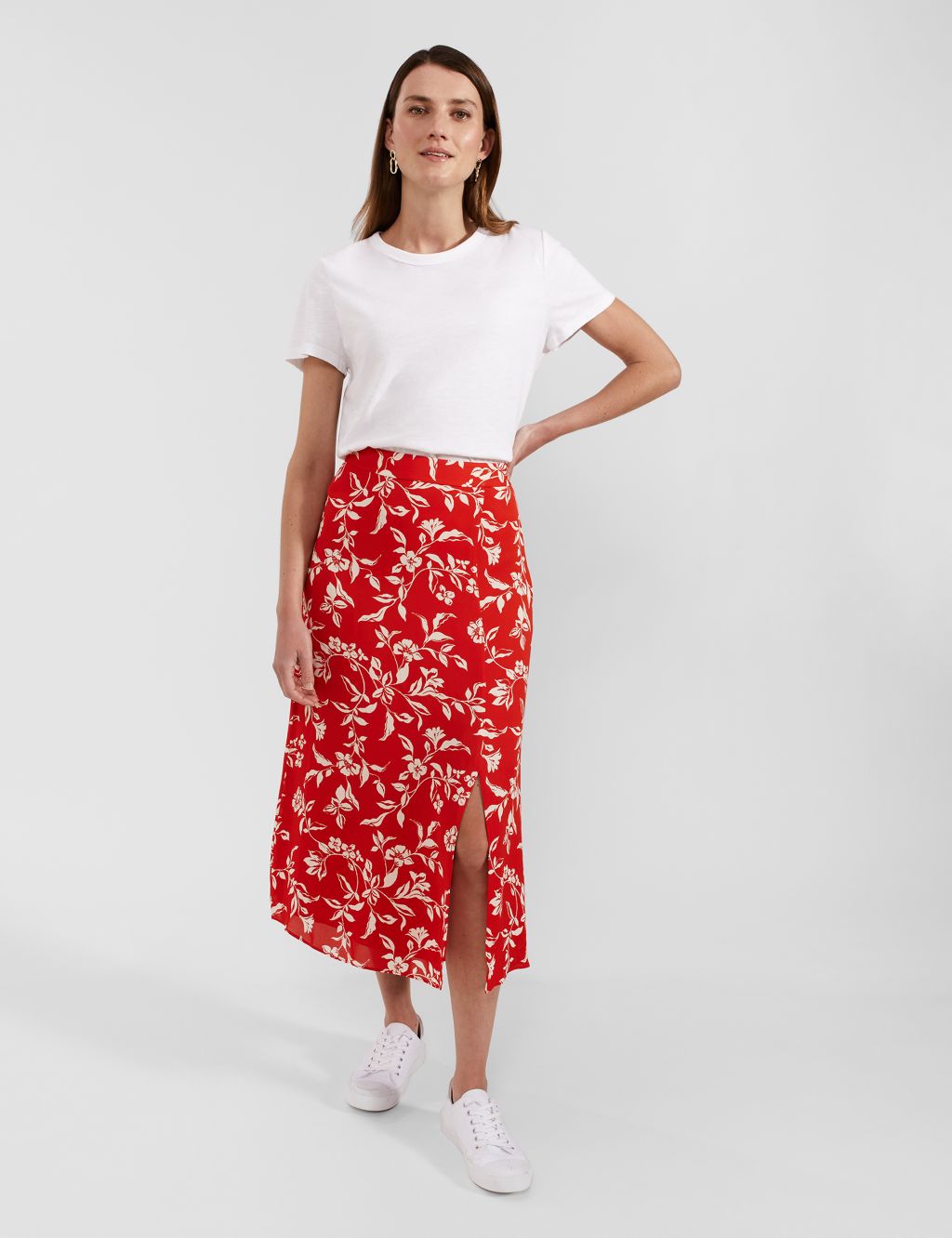 Floral Side Split A-Line Midi Skirt