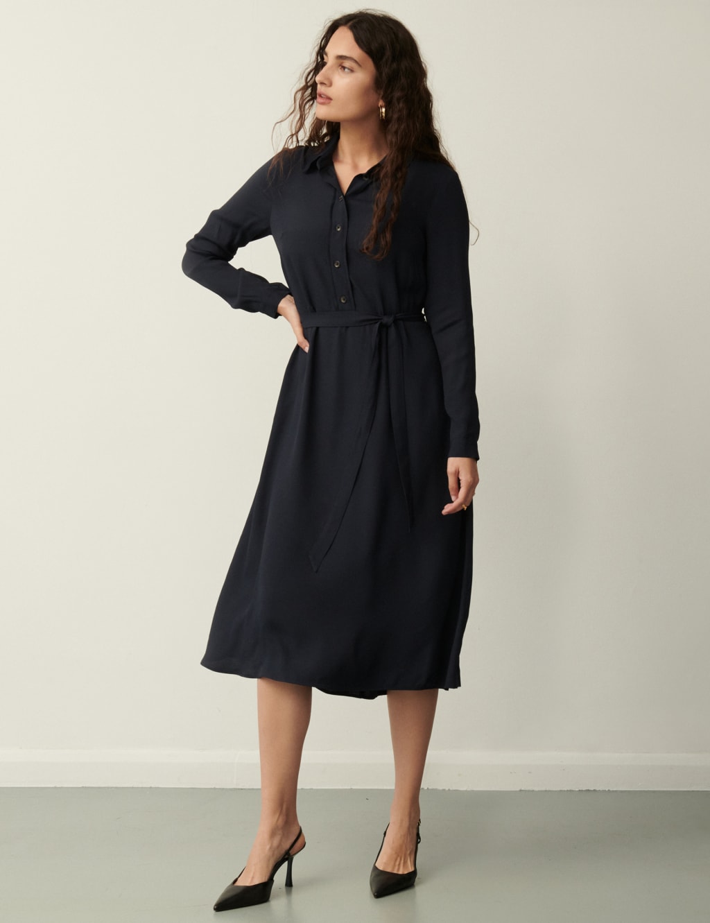 Collared Tie Waist Midi Shirt Dress image 2