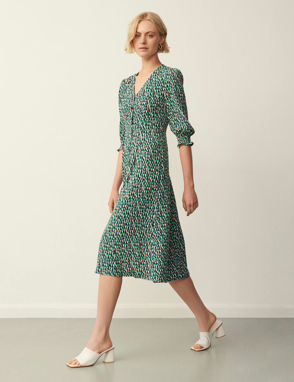 Printed V-Neck Midi Waisted Dress image 3