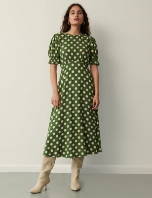 Finery London Womens Polka Dot Round Neck Midi Tea Dress - 12 - Green Mix, Green Mix