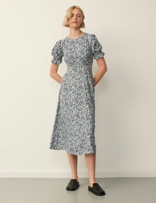 Finery London Womens Printed Puff Sleeve Midi Tea Dress - 8 - Blue Mix, Blue Mix