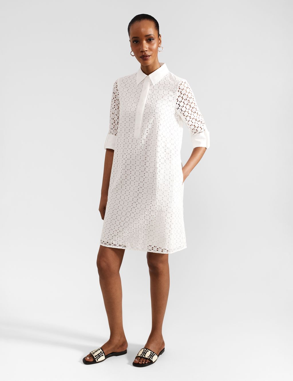 Pure Cotton Broderie Knee Length Shirt Dress