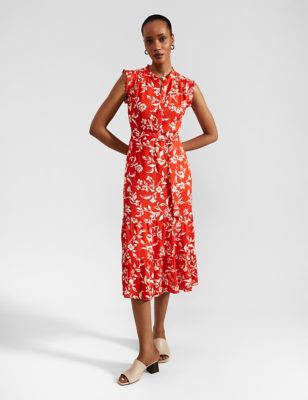 Hobbs Women's Floral High Neck Midi Tiered Dress - 6PET, Red