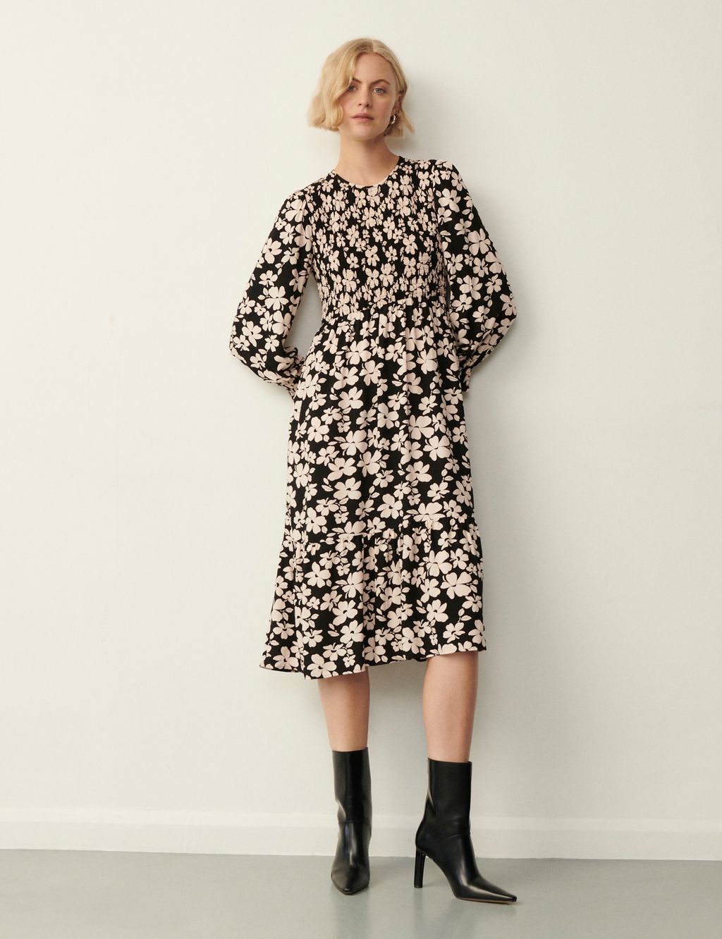 Floral Round Neck Midi Tiered Dress image 1
