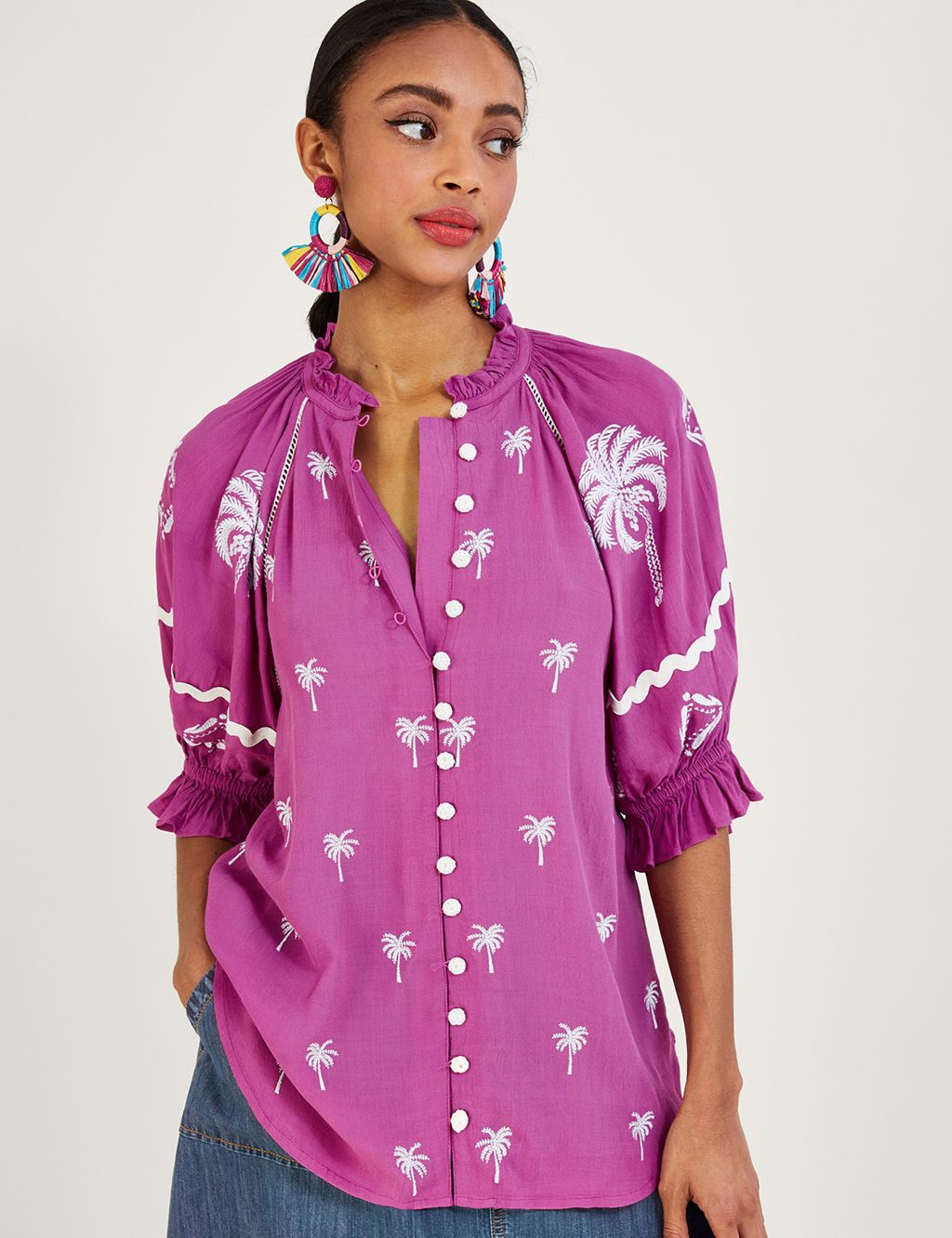 Embroidered High Neck Frill Detail Blouse image 1