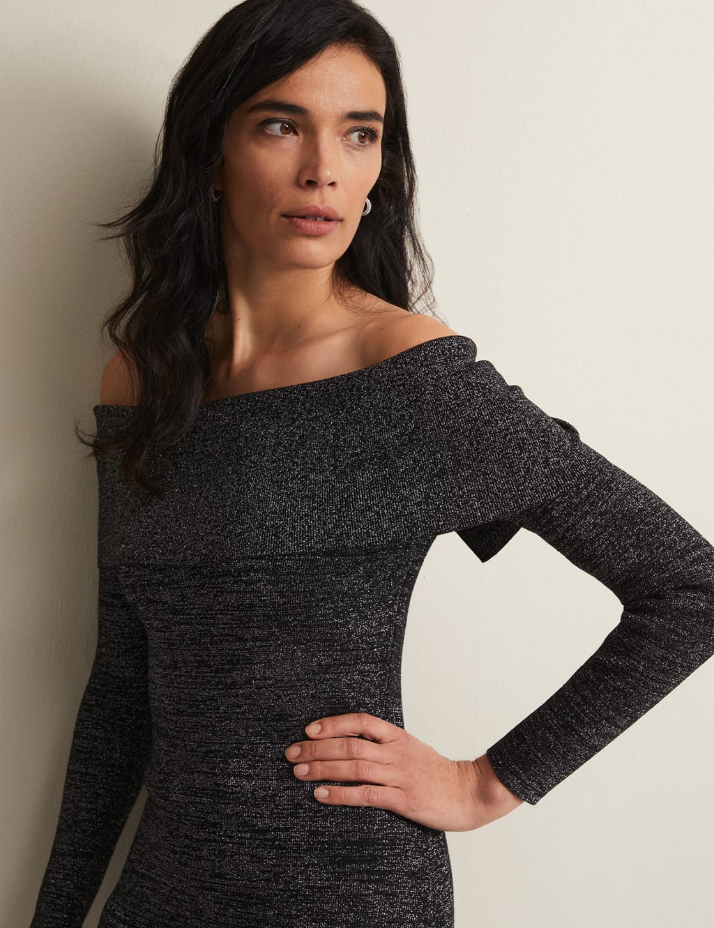 Knitted Sparkly Bardot Knee Length Dress image 6