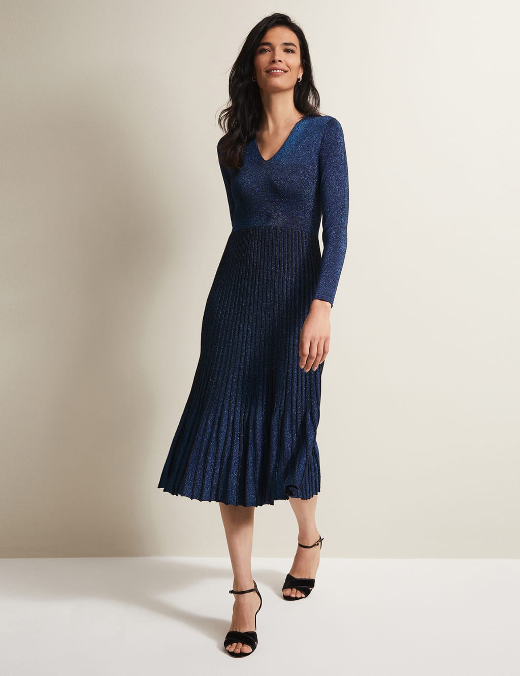Sparkly Knitted V-Neck Pleated Midi Dress image 1
