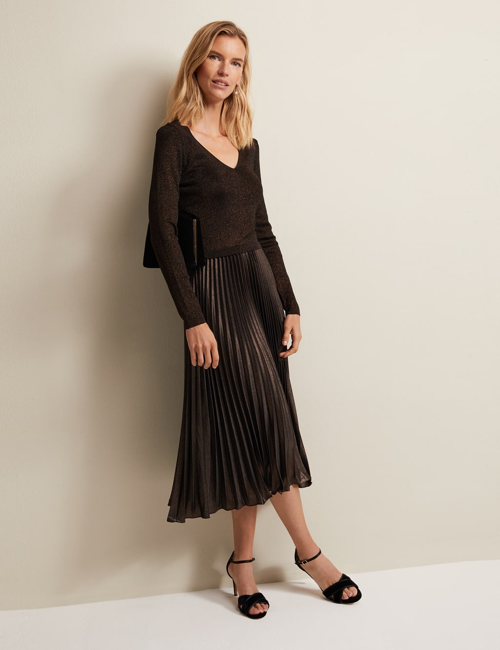 Metallic Knitted V-Neck Pleated Midi Dress image 1