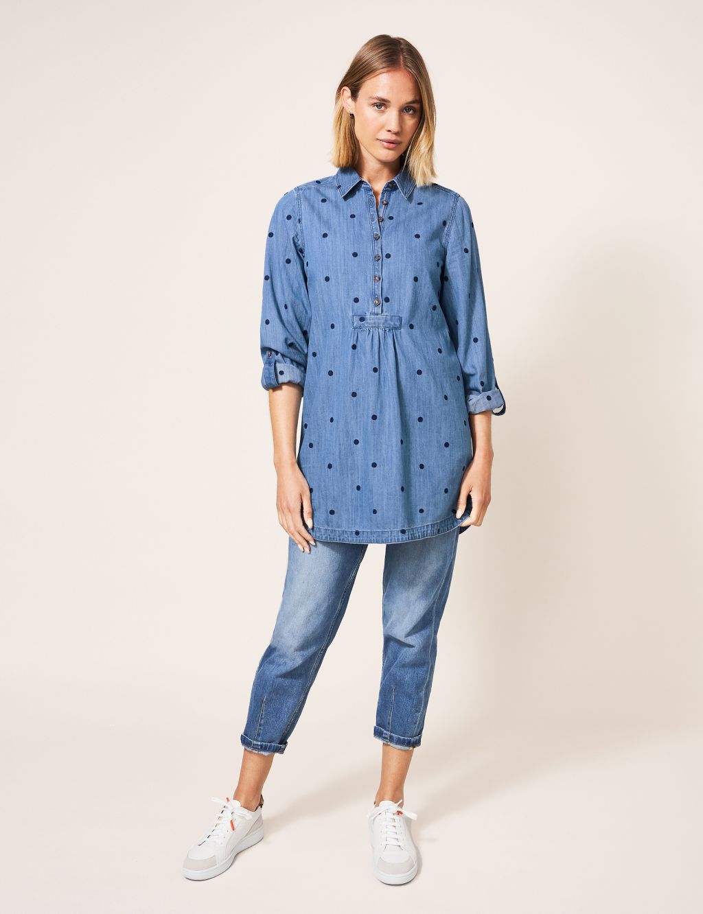 Denim Embroidered Collared Tunic image 1