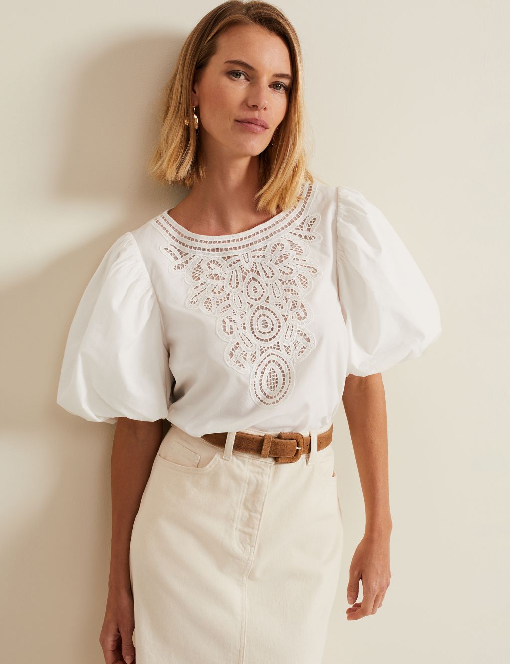 Pure Cotton Lace Detail Puff Sleeve Blouse