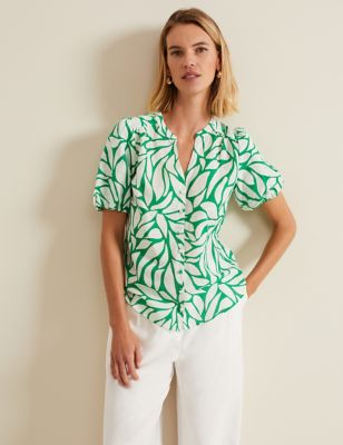 Phase Eight Womens Linen Blend Printed V-Neck Shirt - 8 - Green, Green