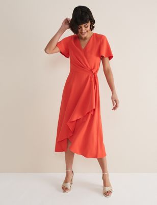 Phase Eight Womens V-Neck Angel Sleeve Midi Wrap Dress - 12 - Orange, Orange