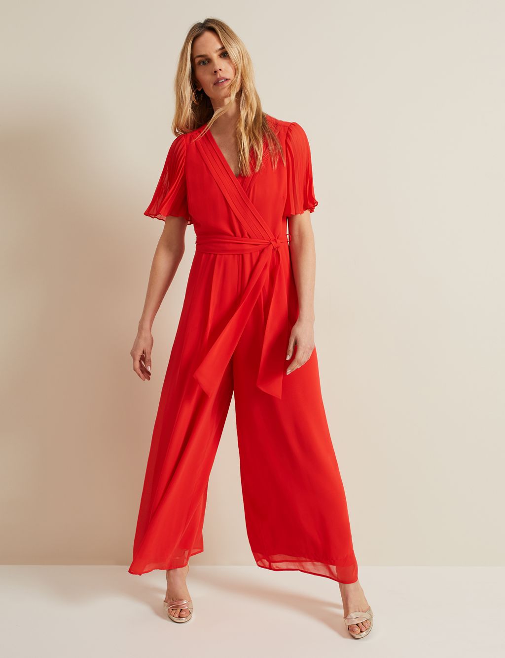 Belted Pleated Short Sleeve Wrap Jumpsuit