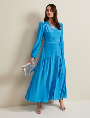 Phase Eight Womens Button Through Tie Waist Maxi Dress - 16 - Blue, Blue