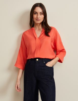 Phase Eight Women's V-Neck Pleat Detail Longline Popover Shirt - 10 - Orange, Orange