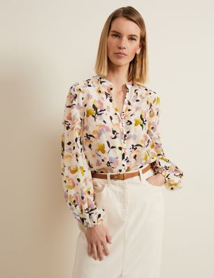 Phase Eight Womens Cotton Rich V-Neck Floral Blouse with Silk - 10 - Cream Mix, Cream Mix
