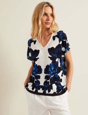 Phase Eight Women's Linen Blend Floral Knitted T-Shirt - Blue, Blue