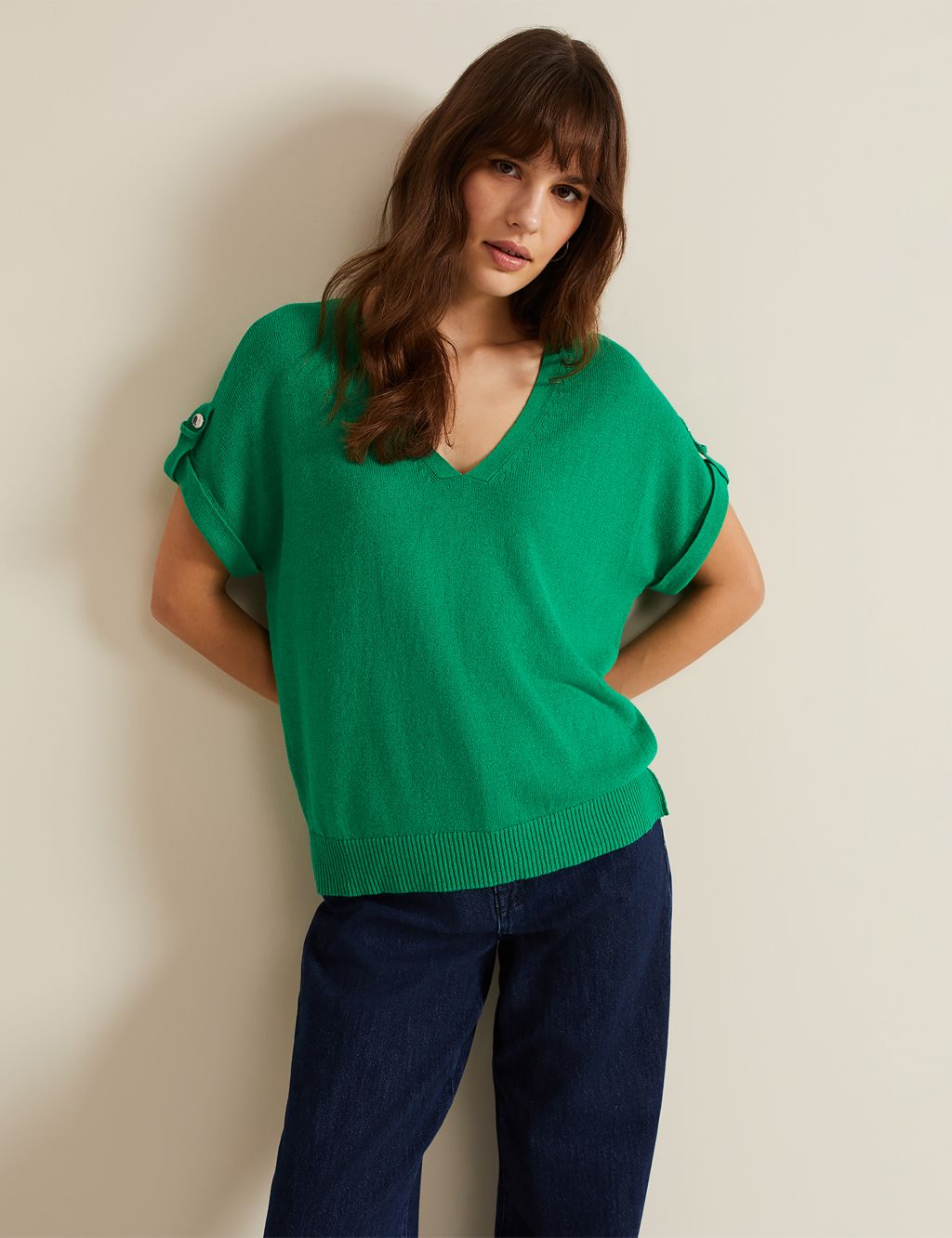 Button Tab Knitted T-Shirt with Linen