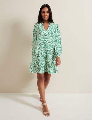 Phase Eight Women's Leaf Print V-Neck Mini Tiered Dress - 10 - Green Mix, Green Mix