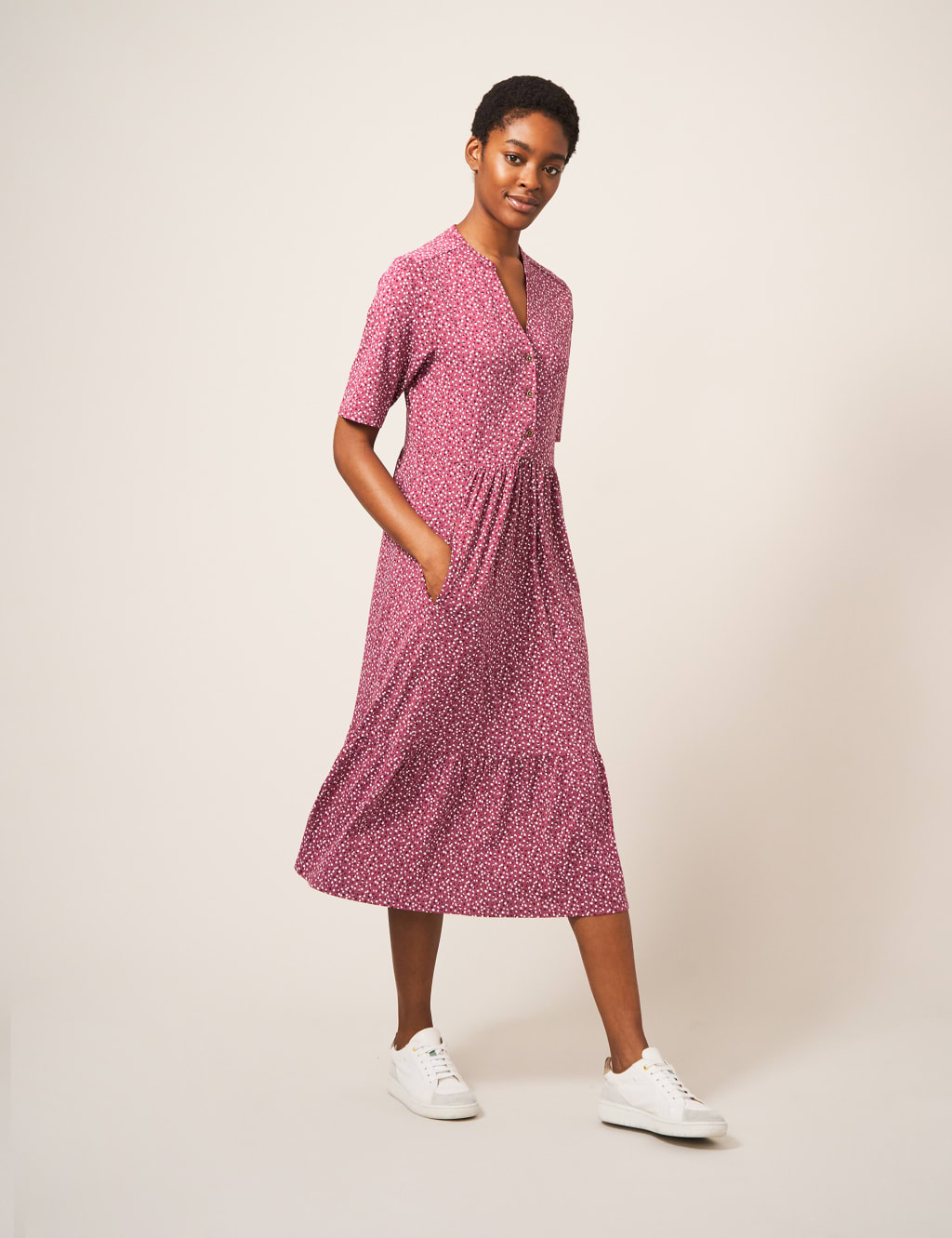 Jersey Polka Dot V-Neck Midi Tiered Dress image 3