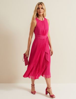 Phase Eight Womens Chiffon Pleated Belted Midi Waisted Dress - 6 - Pink, Pink