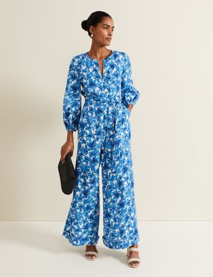 Phase Eight Womens Linen Blend Floral Long Sleeve Jumpsuit - 6 - Blue Mix, Blue Mix
