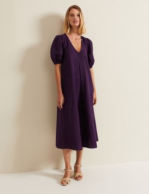 Phase Eight Womens Linen Blend V-Neck Puff Sleeve Midi Shift Dress - 10 - Purple, Purple