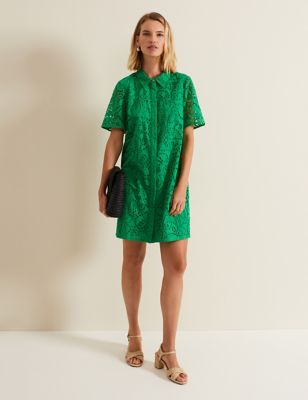 Phase Eight Women's Pure Cotton Broderie Mini Swing Shirt Dress - 10 - Green, Green