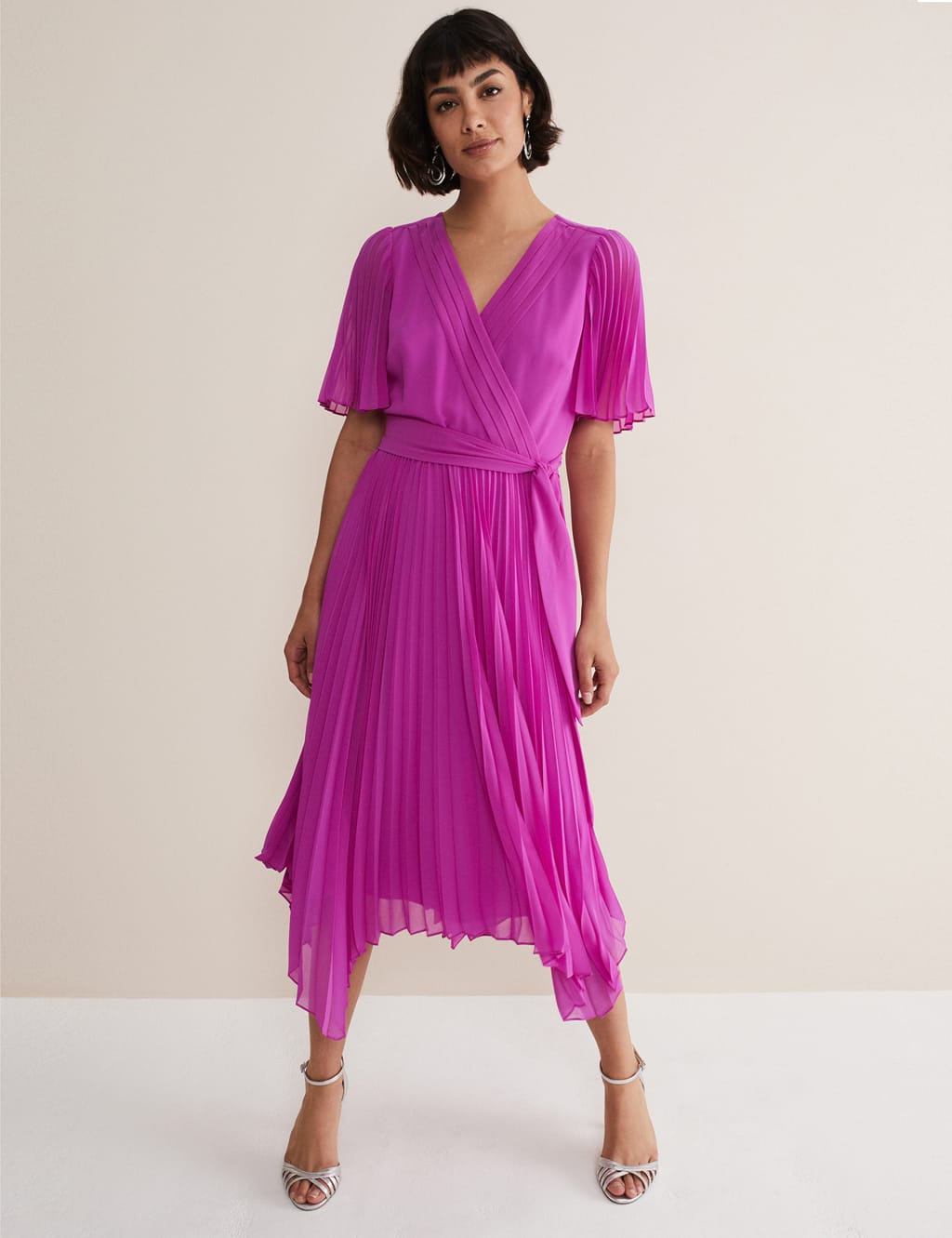 V-Neck Pleated Midi Wrap Dress image 1