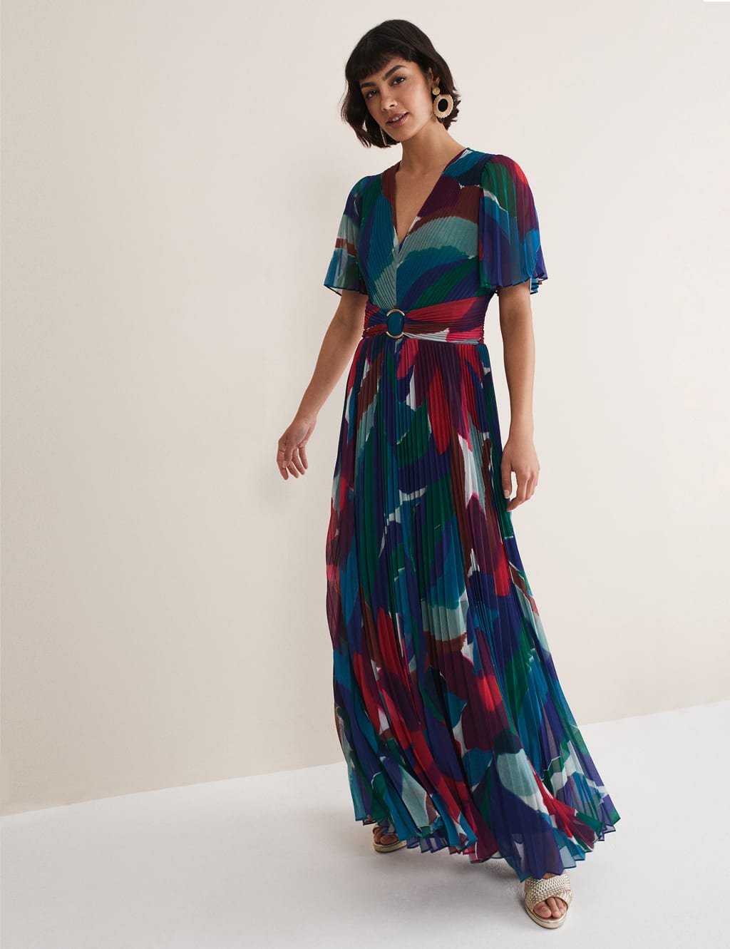 Printed V-Neck Pleated Maxi Column Dress image 1
