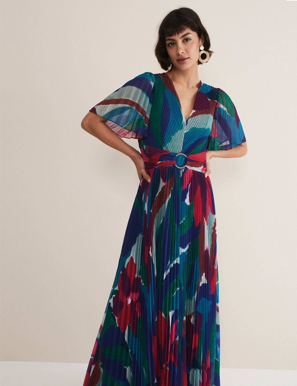 Printed V-Neck Pleated Maxi Column Dress image 4
