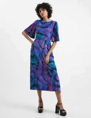 French Connection Womens Printed Round Neck Midi Relaxed Tea Dress - 10 - Blue Mix, Blue Mix