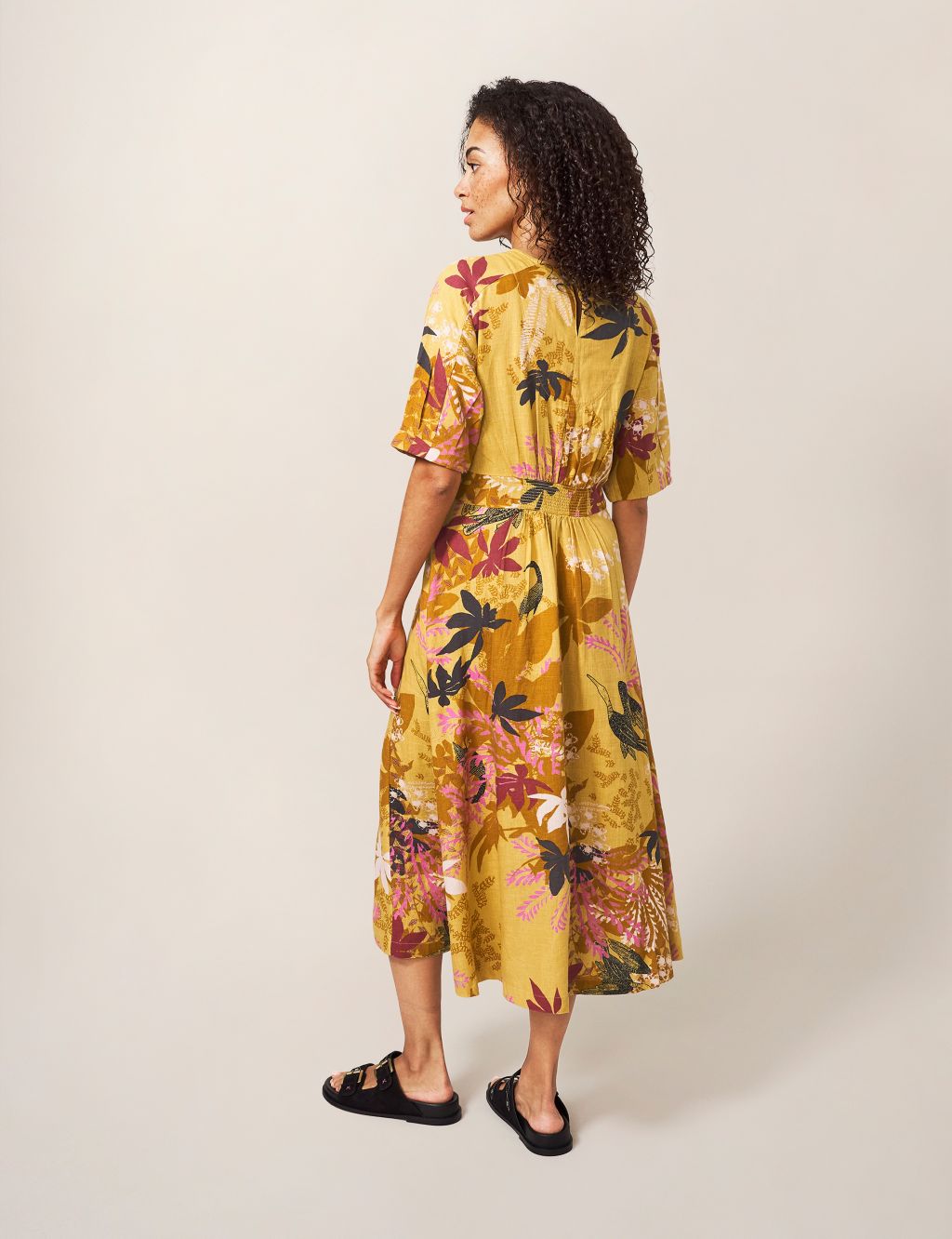 Leaf Print V-Neck Midi Tea Dress with Linen image 3