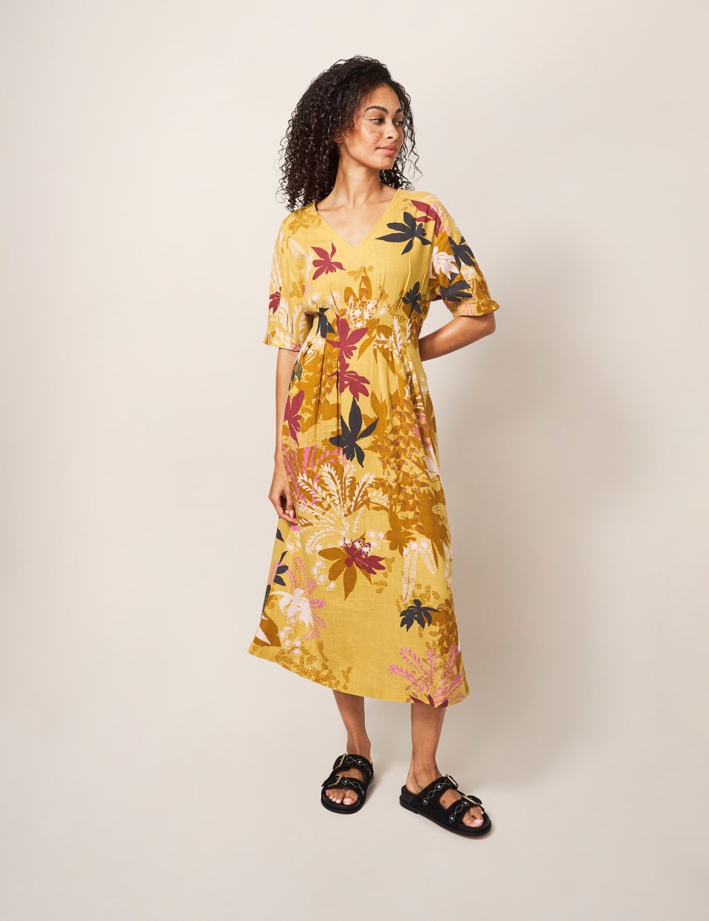 Leaf Print V-Neck Midi Tea Dress with Linen image 3