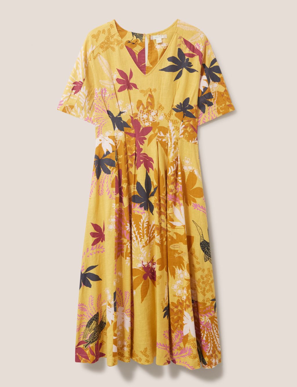 Leaf Print V-Neck Midi Tea Dress with Linen image 2