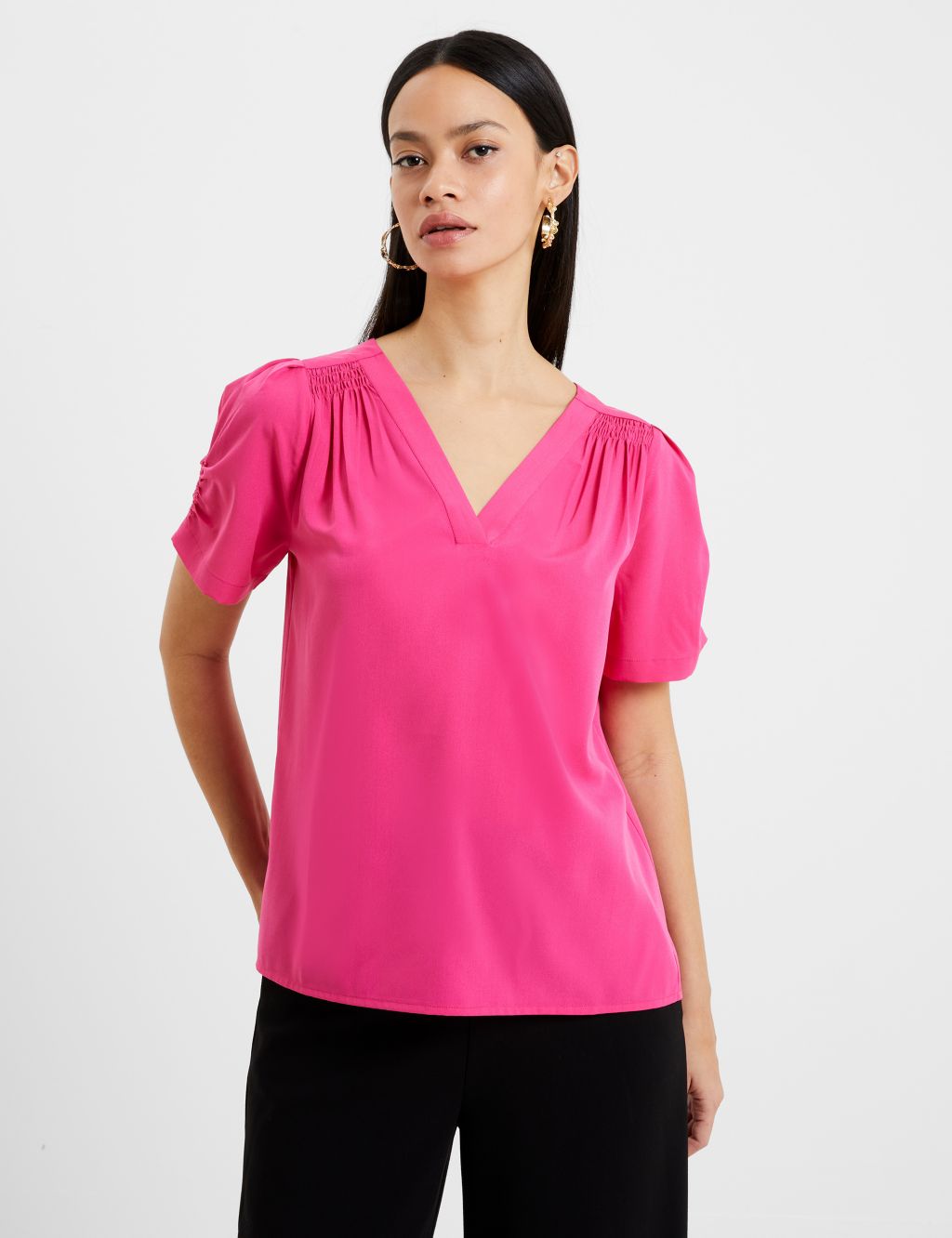 Crepe V-Neck Relaxed Puff Sleeve Blouse image 1