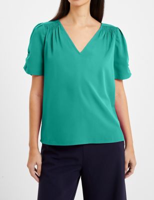French Connection Womens Crepe V-Neck Relaxed Puff Sleeve Blouse - Teal, Teal
