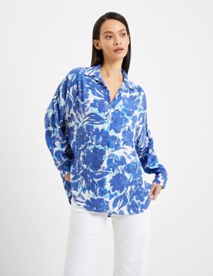 French Connection Womens Floral Collared Popover Shirt - XS - Blue Mix, Blue Mix