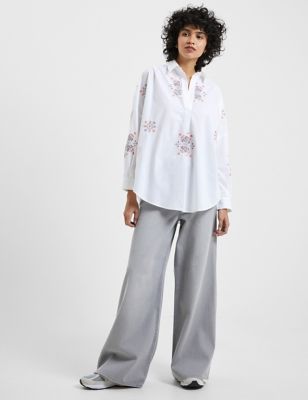 French Connection Womens Pure Cotton Embroidered Popover Shirt - White Mix, White Mix